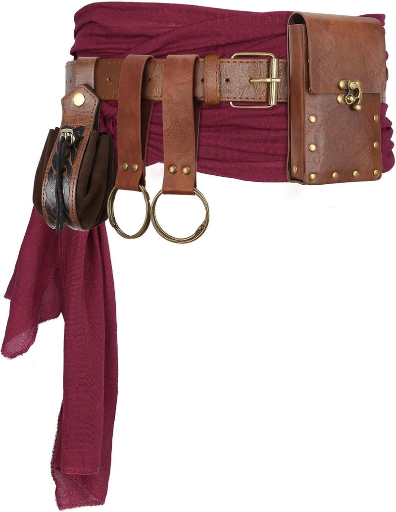 bcehyaa Store Renaissance Belt Pouch Medieval Viking Pirate Leather Bag Potion Bottle Set Skirt Hike Halloween Cosplay Costume Accessorie (Pirate Belt-Brown, Belt Pouch) - Image 1